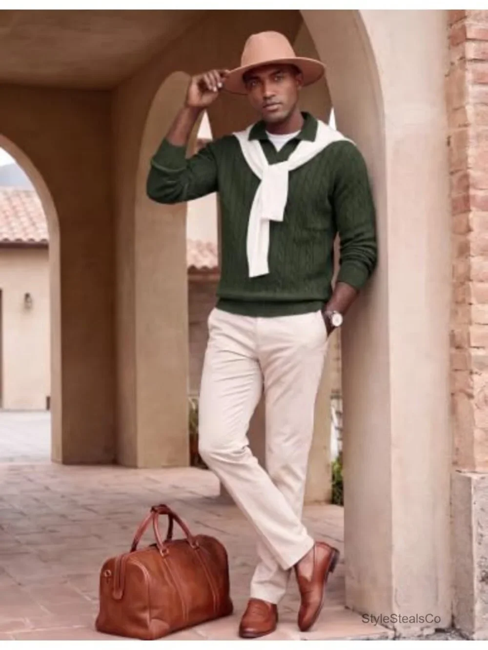 Men's Cable Knit Long Sleeve V-Neck Polo Sweater Regular Fit Pullover